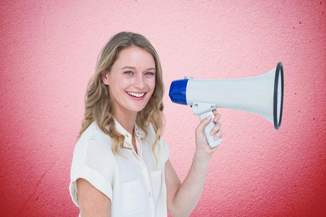 Digital composite of Portrait of happy female talking on megaphone