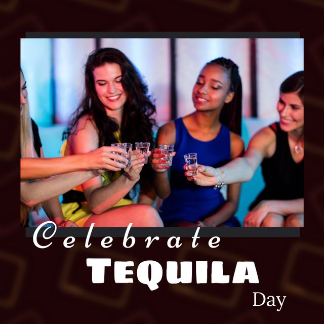 Multiracial group of young women toasting with tequila shots at a bar, celebrating Tequila Day. Suitable for use in marketing materials for bars, alcohol brands, social events, and nightlife promotions.