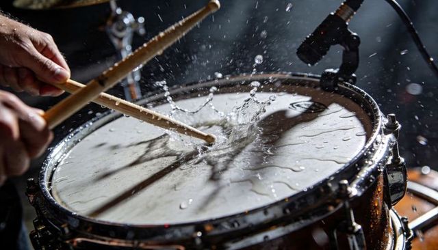 Dynamic snare drum splash with drumsticks creating water explosion and live stage energy