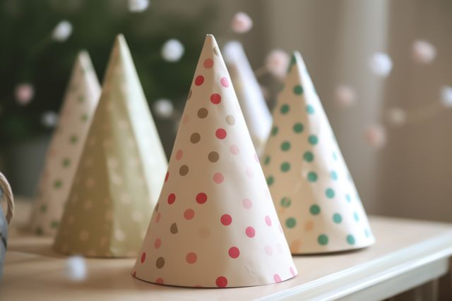 Festively decorated polka dot party hats resting on a table, perfect for celebrations and events. Great for use in marketing materials for parties, decoration inspiration, and festive invitations.