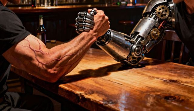 Arm wrestling between muscular human forearm and cybernetic robotic arm at wooden bar