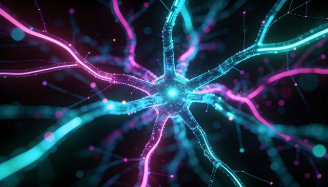 Neural network node radiating neon cyan magenta filaments for ai data technology concept