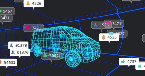 3D Wireframe Van in Digital Tunnel with Virtual Notifications