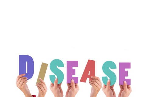 Hands holding disease text on transparent background, symbolizing illness