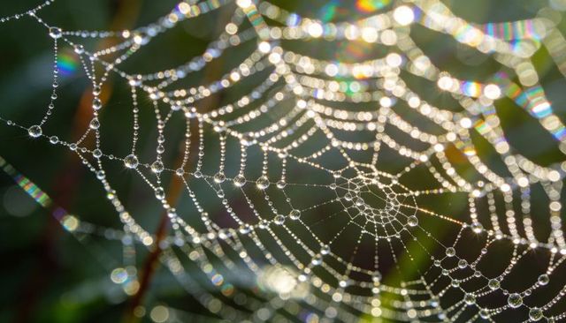 Dew-Drenched Orb Web Glinting with Rainbow Bokeh on Meadow Stems Macro Backlit