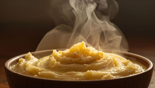 Steaming Creamy Mashed Potatoes Melting Butter Cracked Black Pepper Rustic Bowl