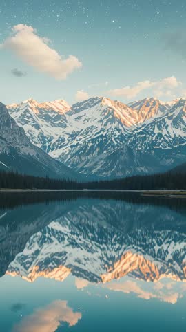 Vertical twilight video showcasing snow-capped alpine peaks reflecting on glassy lake