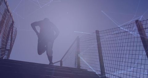 African American Man Running Up Stairs with Digital Connections Overlay