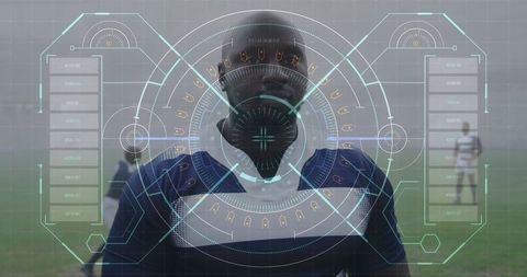 Futuristic Digital Interface Overlay on Rugby Player