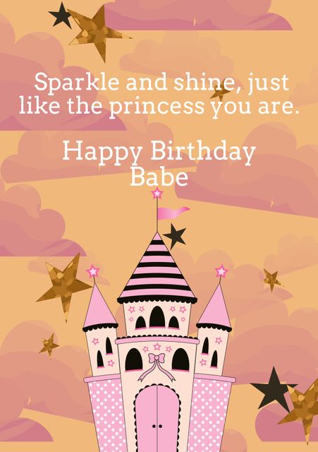 Ideal for princess-themed birthday celebrations, especially for young children. Features a playful castle illustration with pink and gold tones, perfect for a festive and magical touch. Could be used in party invitations, card designs, or social media birthday posts.