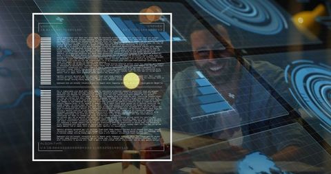 Smiling man viewing futuristic holographic analytics dashboard and radar hud