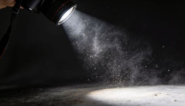 Dslr lens beaming bright spotlight through floating dust and powder in dark studio