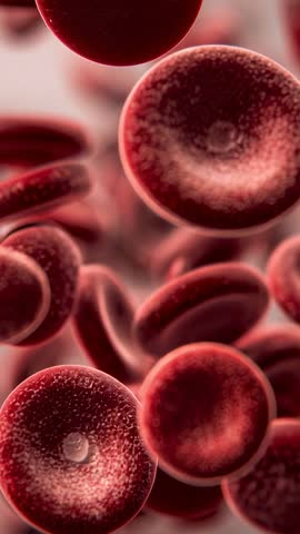 Red blood cells drifting and rotating through plasma stream, microscopic bloodstream video