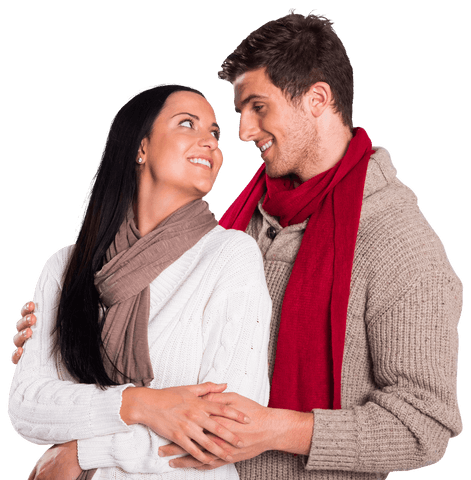 Transparent Smiling Couple Embracing in Warm Attire