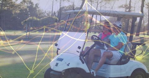 Friends driving golf cart on fairway wearing sporty attire with digital network overlay