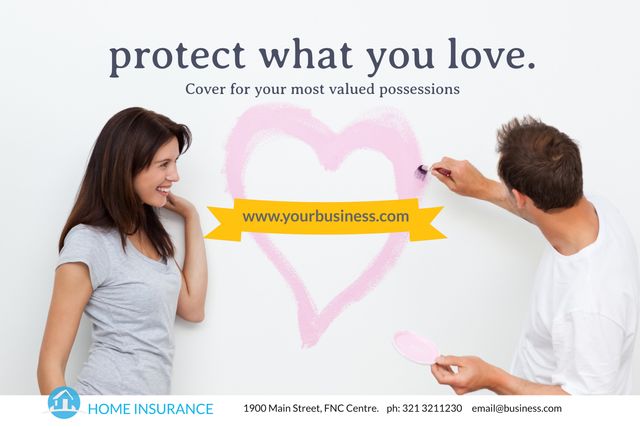 Couple painting a heart on the wall symbolizing love, protection, and care provides a comforting image suitable for home insurance advertisements. Perfect for campaigns emphasizing family values, security, and the importance of insurance for valued possessions. Use in both digital and print media as well as on website headers and social media posts to attract attention and convey a sense of warmth and protection.