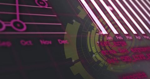Cyberpunk HUD with Radial Data Rings and Angled Neon Light Bars Showing Month Labels UX