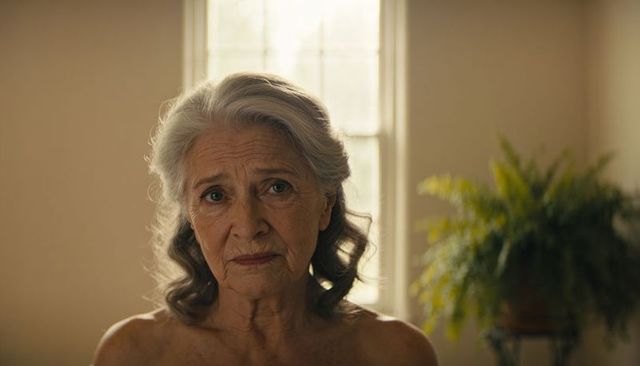 Senior woman with gray hair gazing through backlit window, serene minimalist portrait