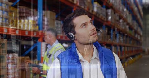 Warehouse Worker Analyzing Logistic Data with Headset - Download Free Stock Images Pikwizard.com