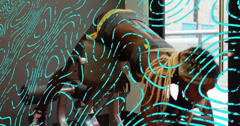 Female athlete performing glute machine workout with blonde braids and turquoise motion lines