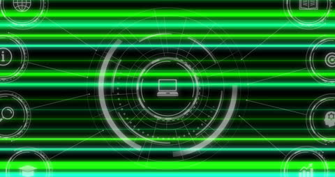Futuristic Digital Interface with Media Icons and Neon Lines