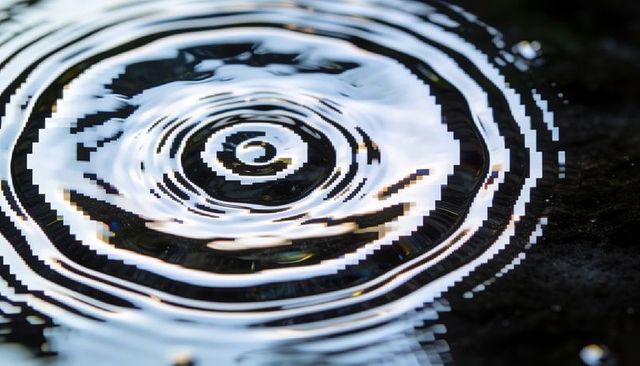 Glitching ripples: silvery concentric water rings reflecting sky highlights