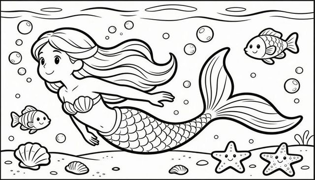 Smiling mermaid swimming with fish and starfish undersea coloring page line art