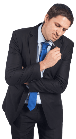 Contemplative businessman with pen and tie, transparent background