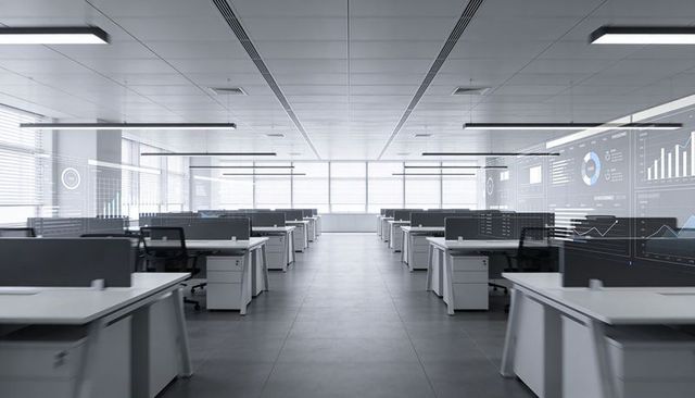 Modern minimal open-plan office with rows of white desks and digital analytics displays