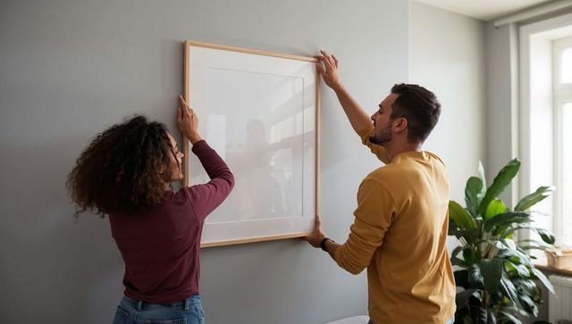 Couple hanging large framed art in sunlit living room, adjusting frame by indoor plant