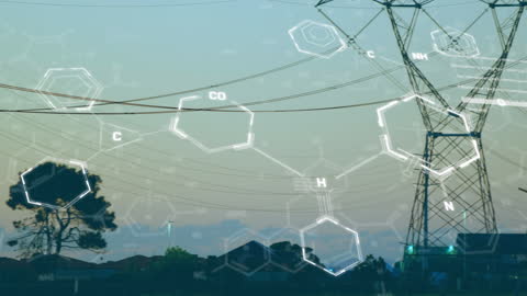 Chemical Structures Overlaying Power Lines Against Sunset