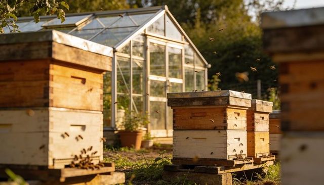Bees buzzing around wooden beehives by glass greenhouse at golden hour in garden
