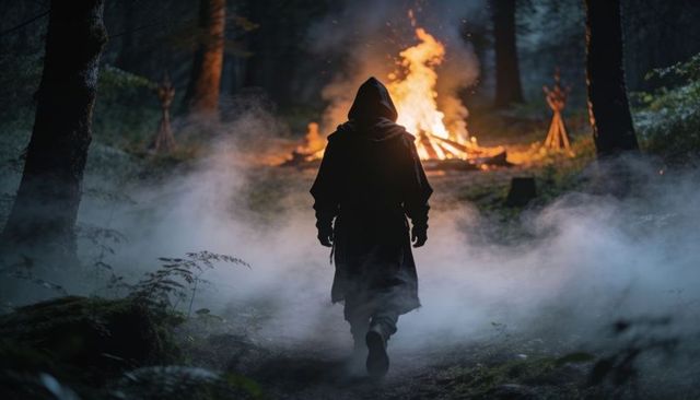 Hooded wanderer walking through misty forest toward roaring bonfire at dusk, cinematic
