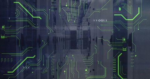 Futuristic Data Center with Green Circuit and Binary Overlay