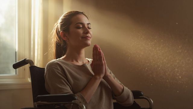 Woman in wheelchair meditating in golden sunbeams at home for mindfulness and recovery