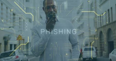 Mature man holding smartphone speaking on city street with phishing cybersecurity overlay