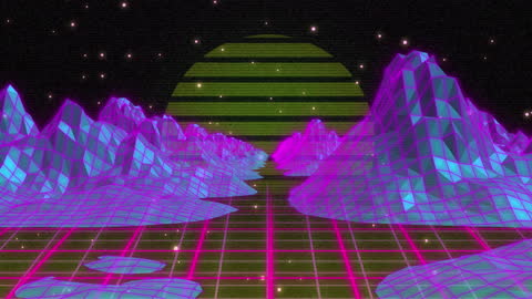 Futuristic Neon Grid Landscape with Abstract Mountains