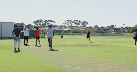 Cricket players practicing on sunlit turf with batsmen running, wicket and fielders
