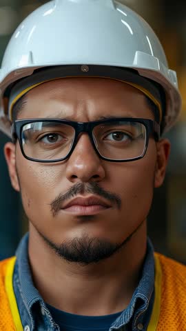 Vertical video: Construction worker checking safety, blinking, wearing hard hat and hi-vis vest