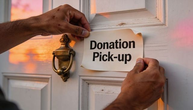 Affixing donation pick-up sign on front door at sunset, hands smoothing charity notice