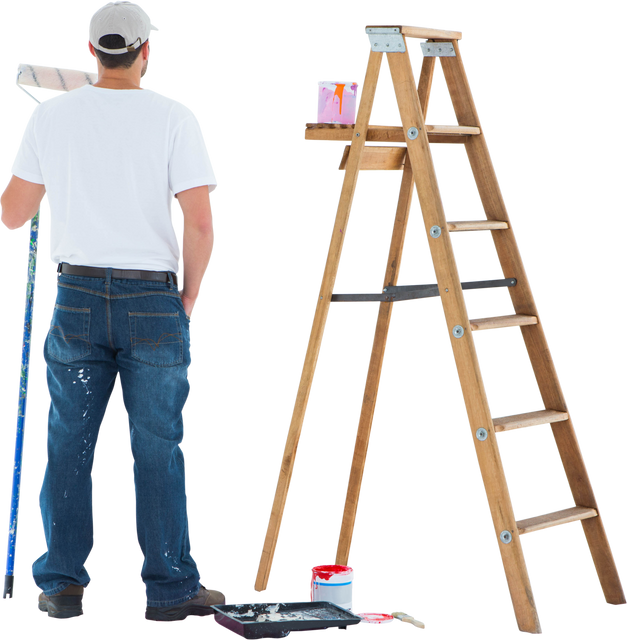 Back View of Painter Holding Roller Next to Ladder on Transparent Background - Download Free Stock Videos Pikwizard.com