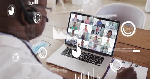 Busy Professional on Virtual Meeting Analyzing Financial Data