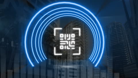 Digital Financial Data with Futuristic QR Code Overlay