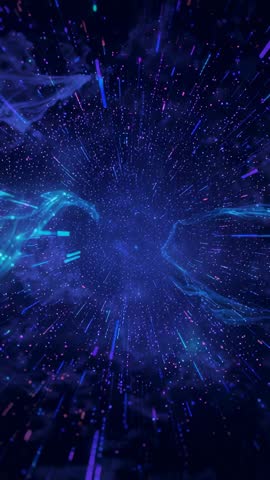 Vertical Warping Through Blue Starfield with Glowing Particle Streaks and Nebula Trail