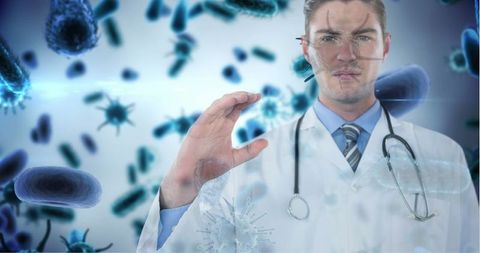 Doctor analyzing virtual bacteria for medical research