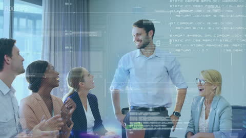 Diverse Team Discussing in High-Tech Office Setting