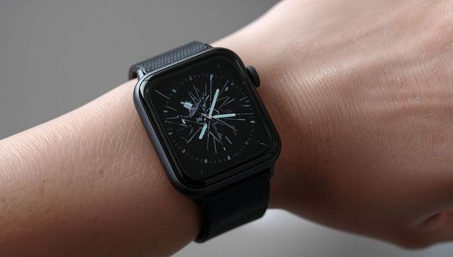 Wrist wearing cracked smartwatch display showing shattered watch face and matte black case
