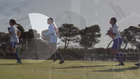 Female Soccer Players Running with Overlaid Mathematical Graphics