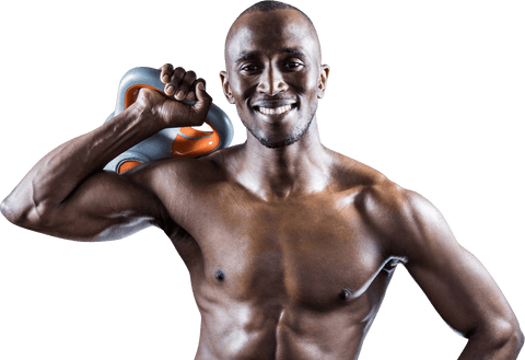 Transparent muscular man smiling while holding a kettlebell