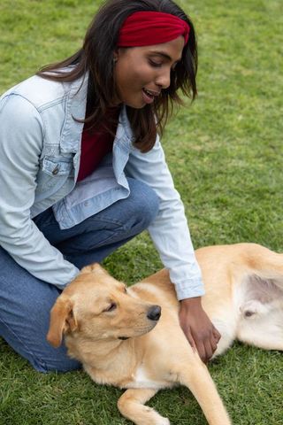 Woman kneeling petting golden dog on green lawn showing pet bonding and care